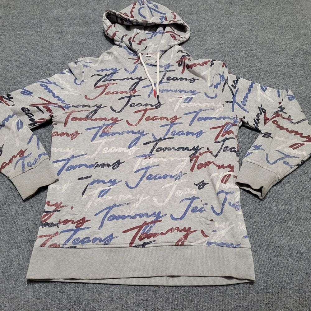 Tommy Jeans Hoodie Mens M All-Over Script Print Tommy Hilfiger‎ Pullover Y2K